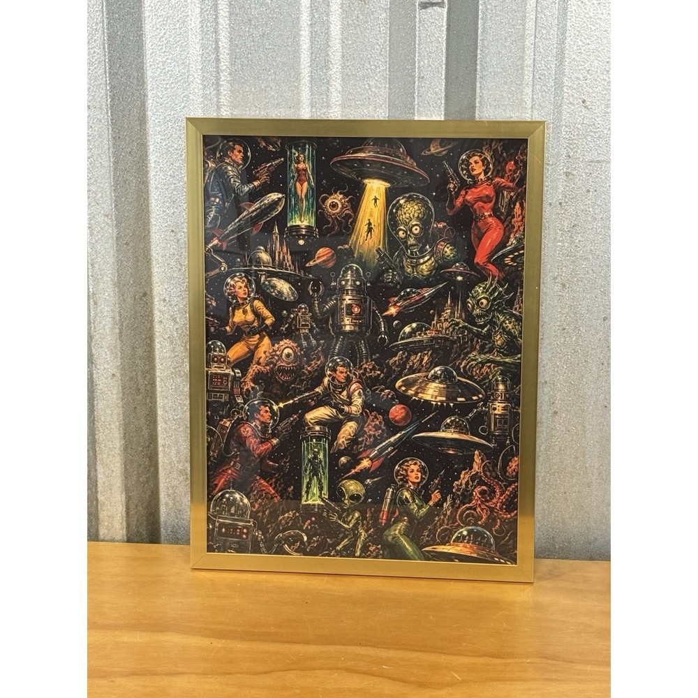 Retro Sci-Fi Space Art Print Gold Tone Frame UFO Alien Robot Wall Decor 12x16